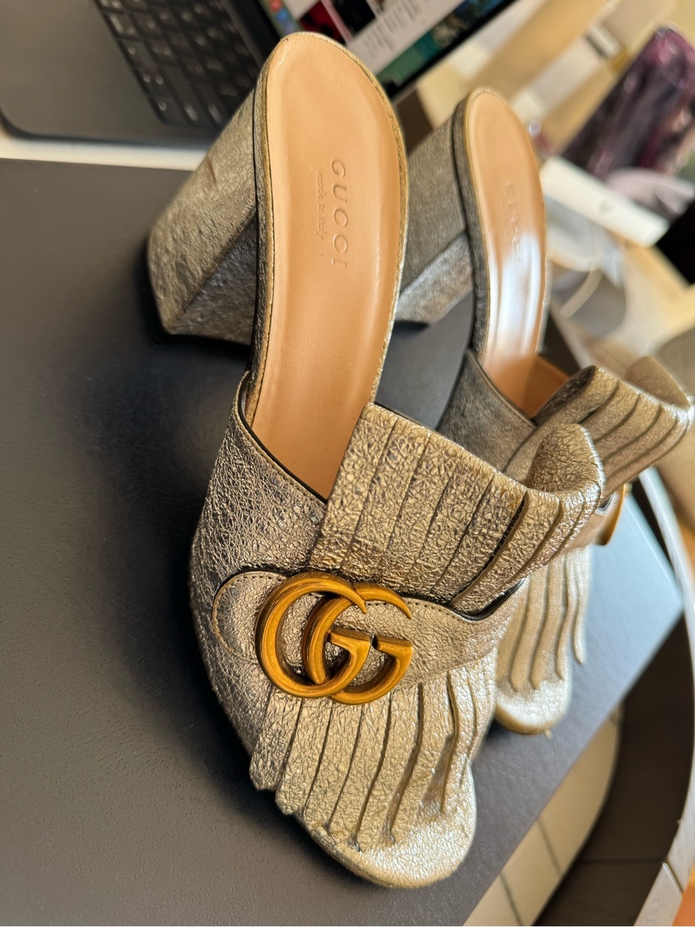 Gucci Gold Metallic GG Fringe Block Heel Mules